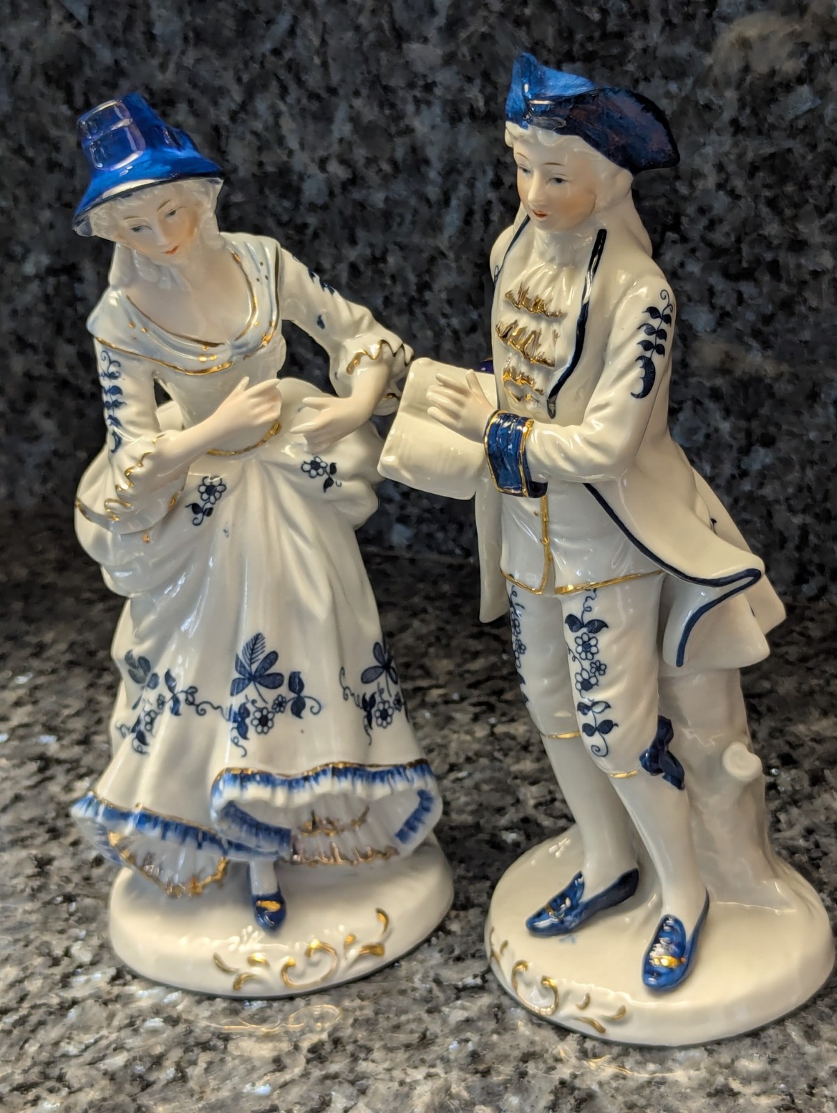 VTG Victorian Colonial Couple Fancy Man, Lady Blue, White, Gold 10″,2 Figurines