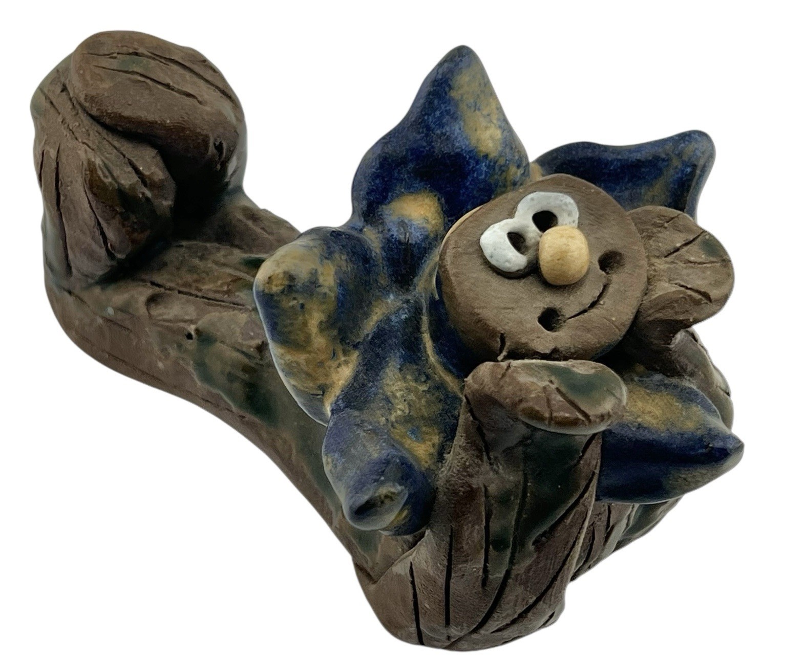 Art Pottery Flower Figurine In Blue With Brown Stick Body Artist Signed 5”