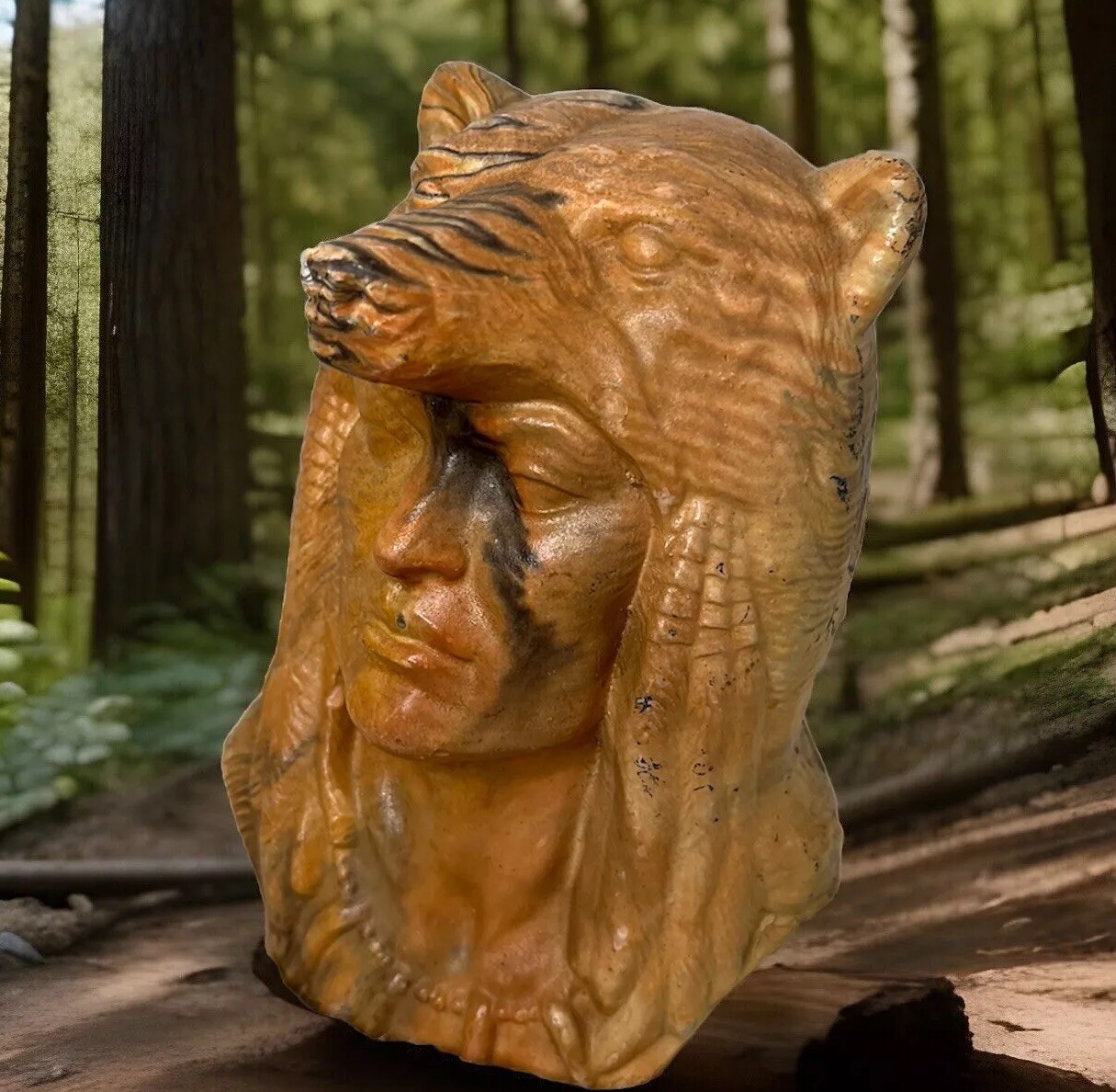 Vintage Native American Chief Bear Head Bust Statue Swirl Layered Clay Resin