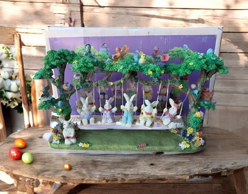 Swinging Easter Bunnies Holiday Display Collectible Decor w Original Packaging