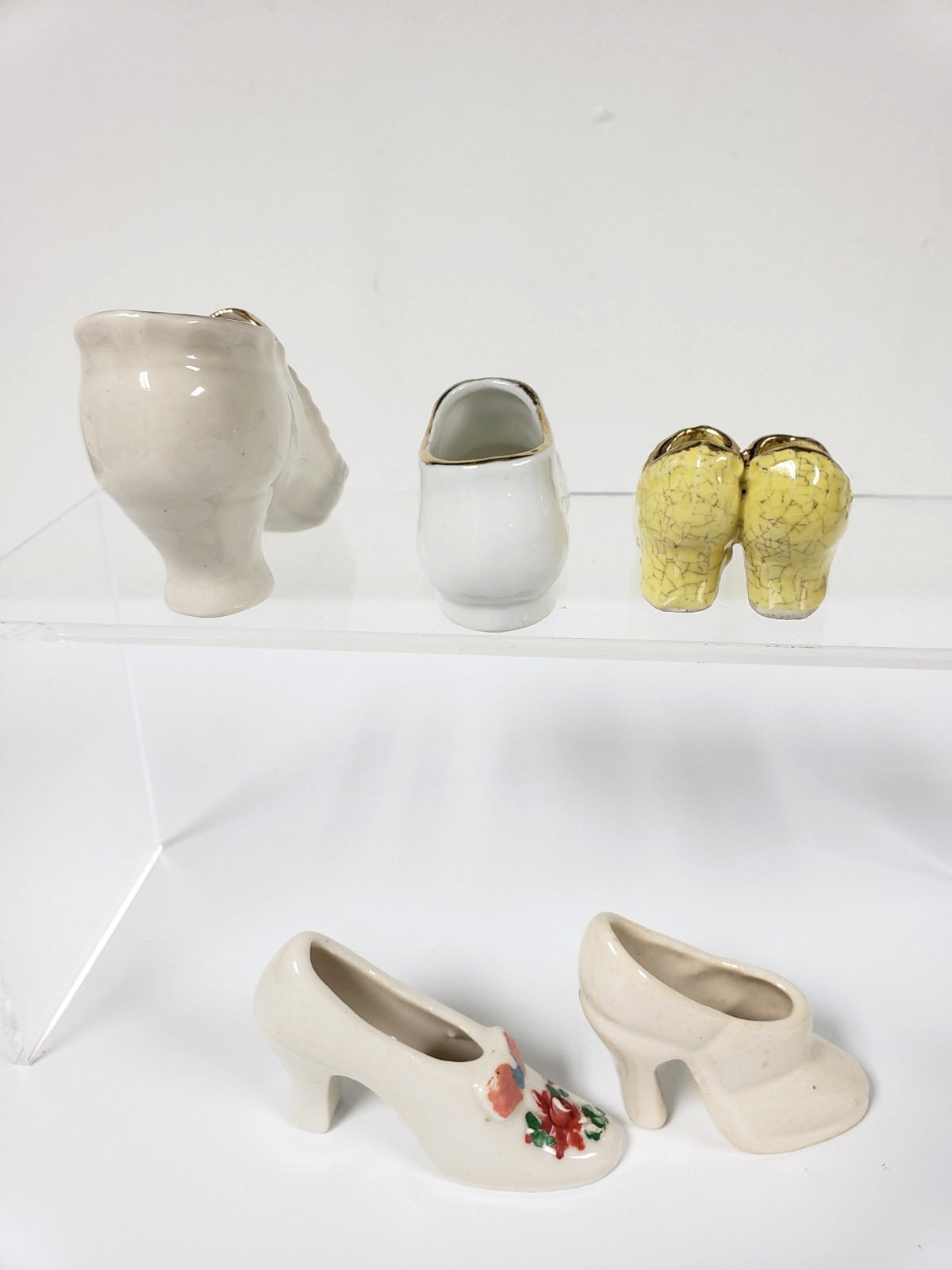 5 Vintage Porcelain Shoe figurines 2.5- 4in long floral ornate Japan decor lot
