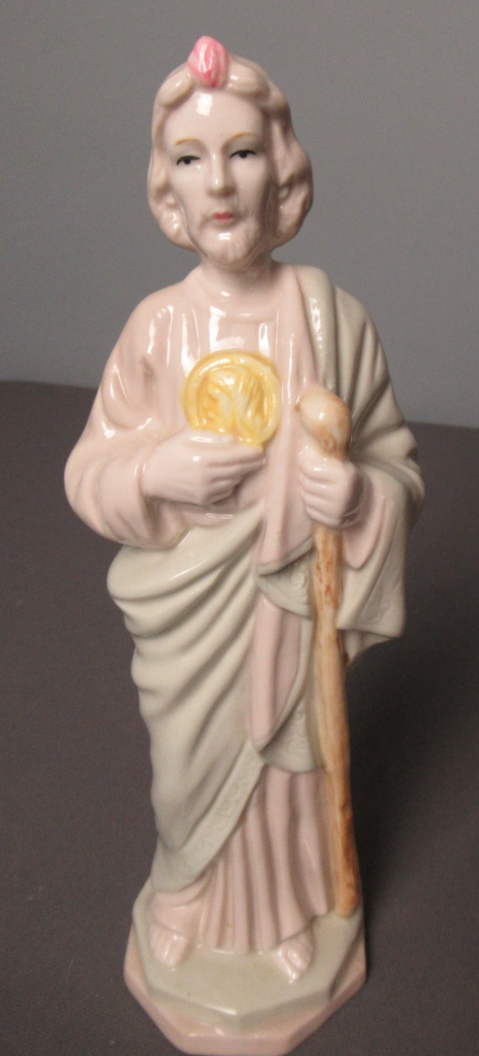 Porcelain St Jude 9” tall Figurine – DTC 1984 – Soft Pastel Multi-Colors e6 sb