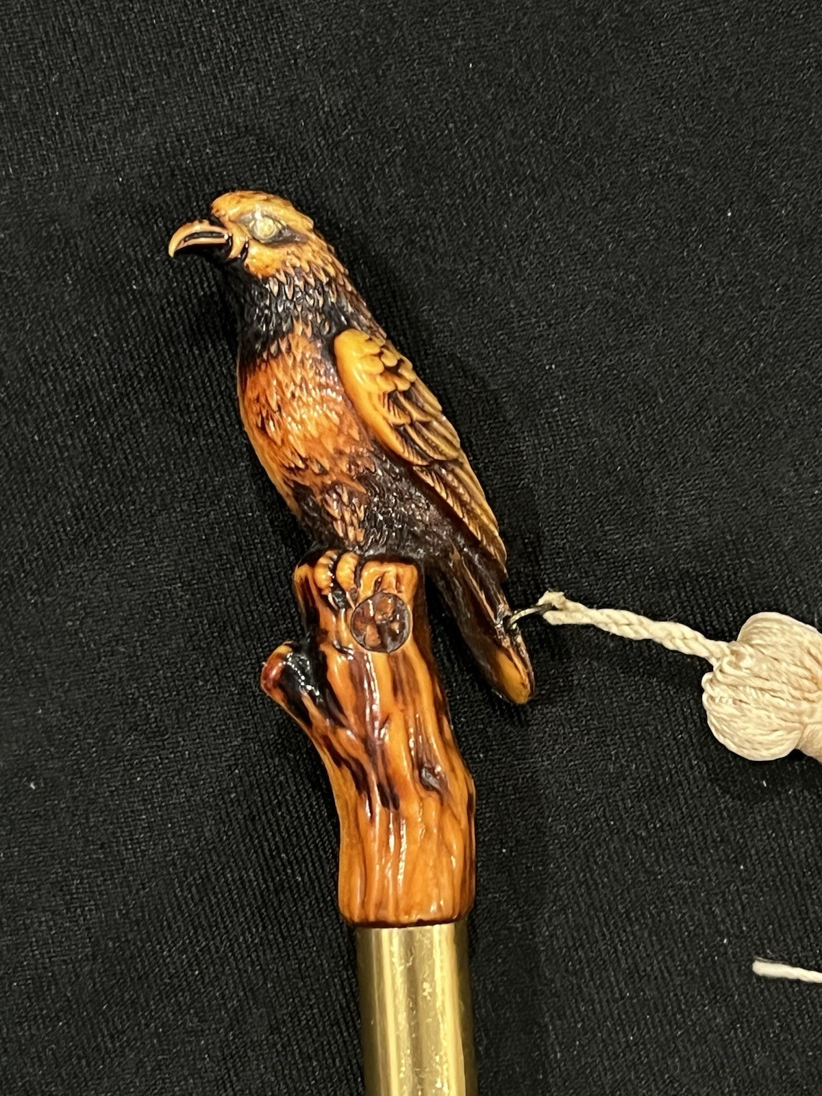 Vintage Japan 10” Carved Resin Bird Shoe Horn Faux Ivory Eagle Hawk Tassel Valet