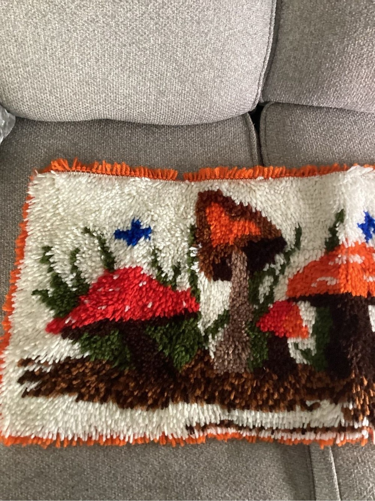 Hand Crafted Orange, Red, Brown & Green Merry Mushroom Latch Hook Wall Hanging