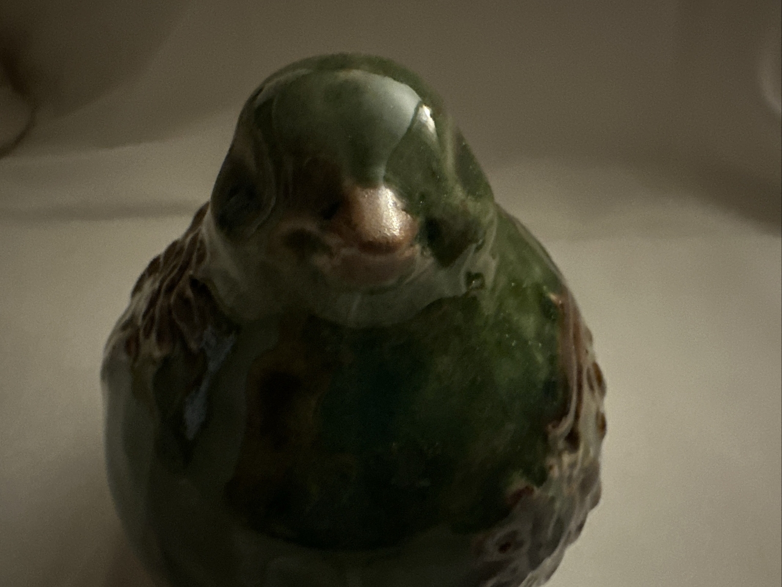 Glazed Green Brown Raised Floral Scroll Cracker Barrel Chubby Bird Figurine 7×5″