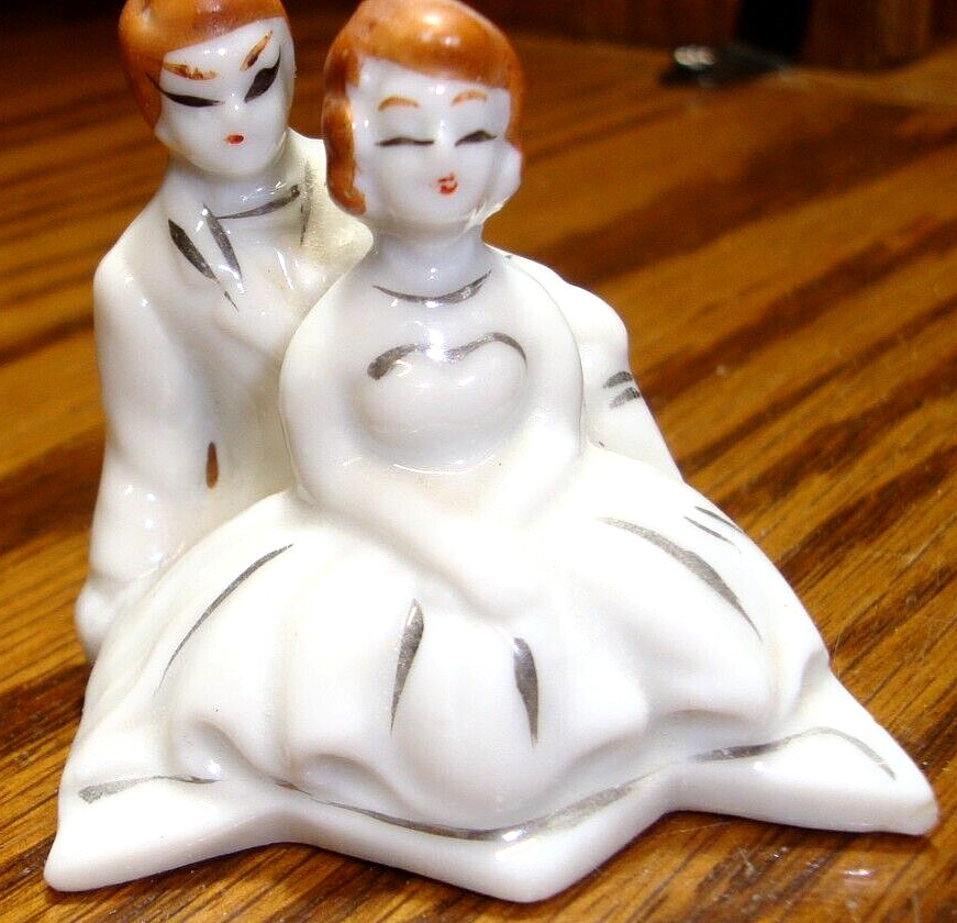 Vintage Victorian Man & Lady Small 2″ tall~White & Silver w/Brown Hair 767