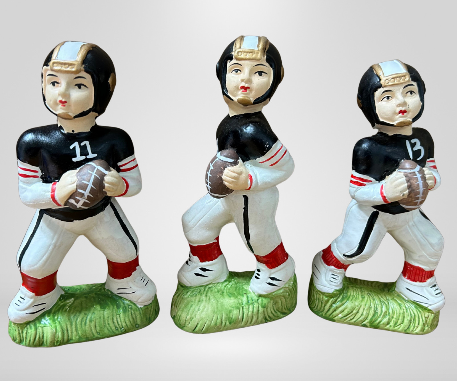 Vintage Style Ceramic Football Player Figurines Set of 3 Hand Painted