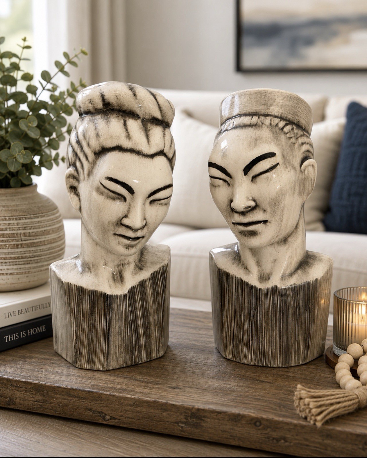 Pair Of Asian Inspired Ceramic Bust Sculptures