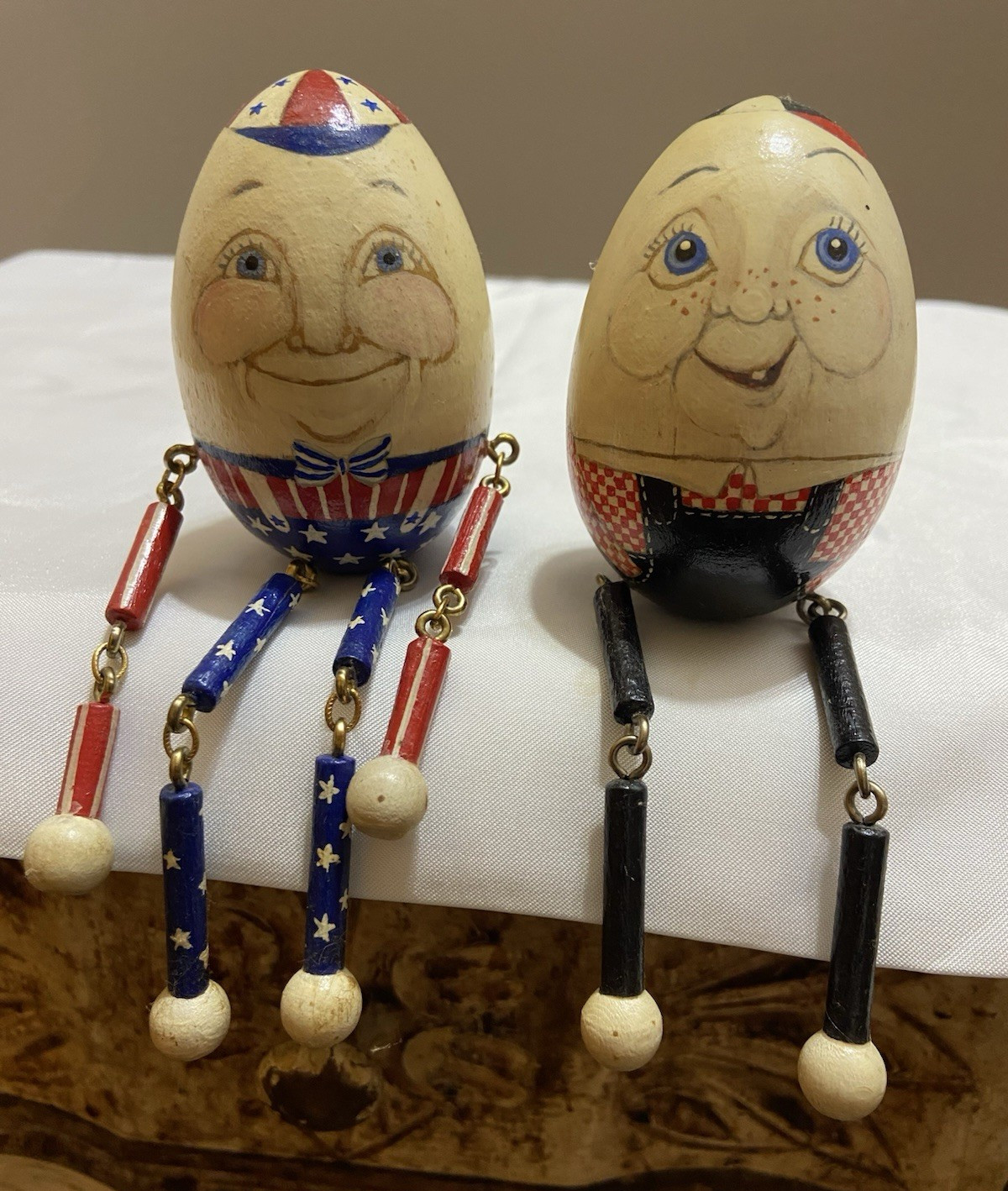 Signed H. Allen Hand Painted Wood Eggberts Humpty Dumpty Figurines, 1991