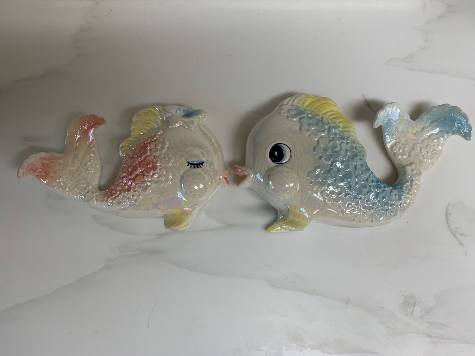 vintage Norcrest anthropomorphic fish figurine wall plaque set mermaid theme