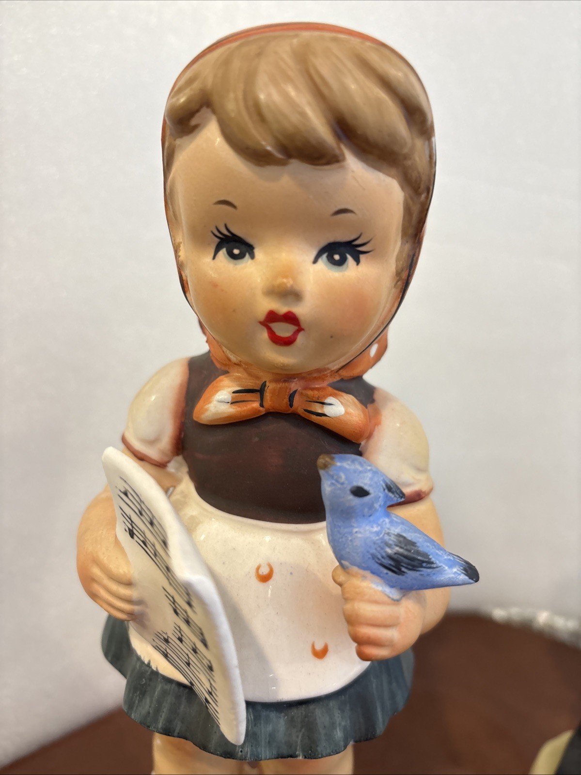 ORIGINAL ARNART CREATION/JAPAN FIGURINES/BOY PLAYING A HORN/GIRL BLUE BIRD