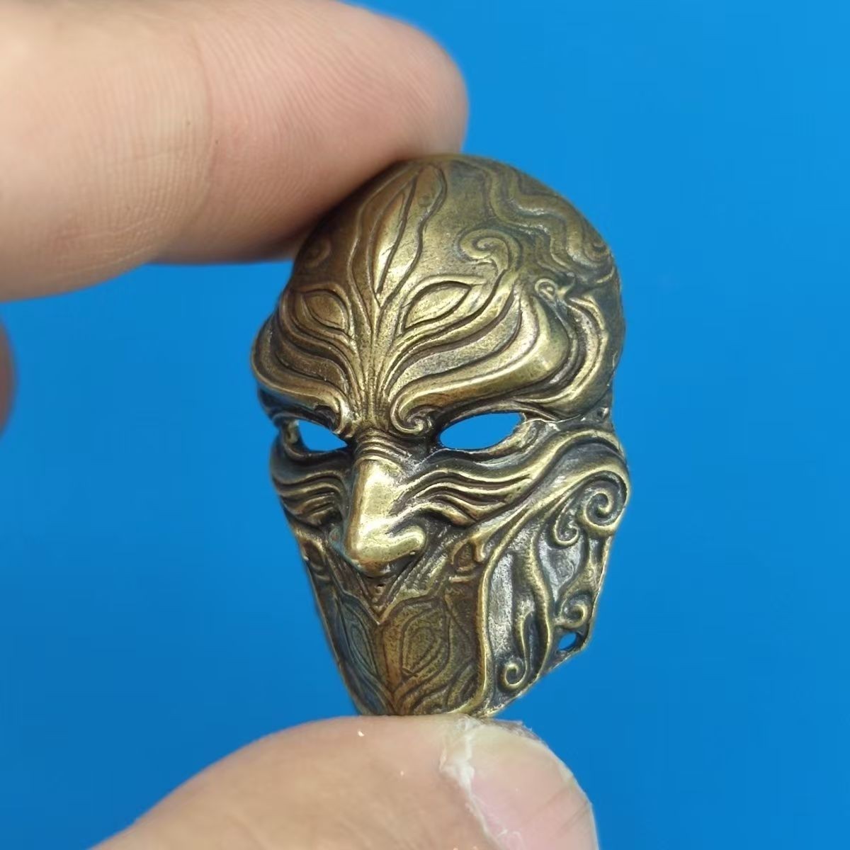 Brass Fantasy Mask Pendant, Gothic Medieval Mini Charm