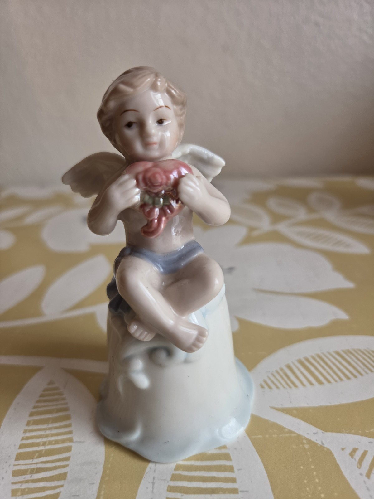 Vintage Ceramic Boy Angel Bell Sitting Holding Heart Flower 4″
