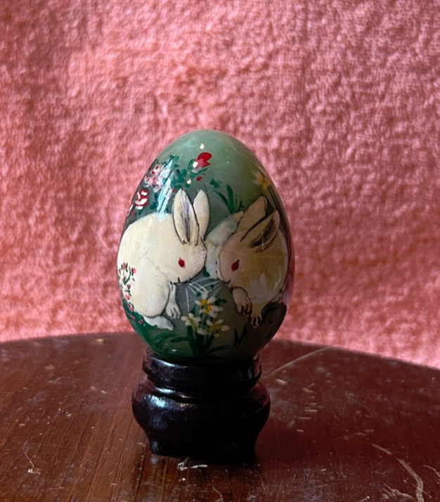 Vintage Rabbit Bunny Reverse? Painted Glass Egg with Dark Brown Stand Free Ship