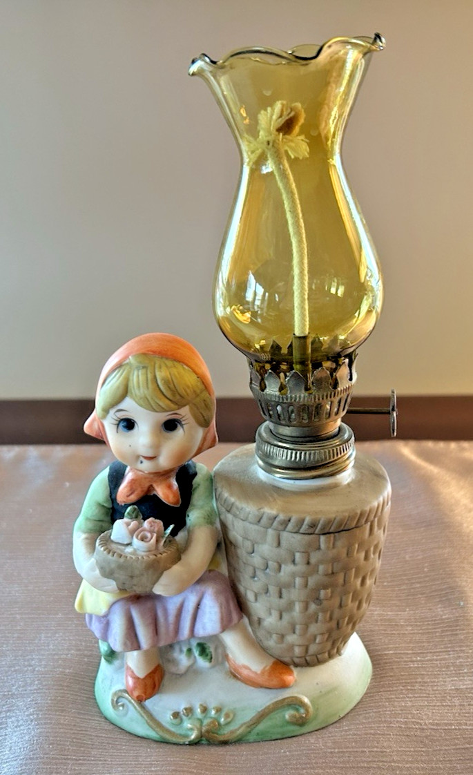 Vintage Bisque Porcelain Peasant Girl w/ Decorated Cake Oil Lamp Figurine Taiwan