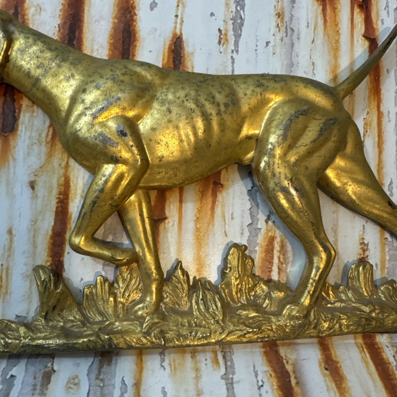 Vintage Cast Metal Pointer Dog Statue Wall Plaque 3 Demensional Gold R.S. 1951