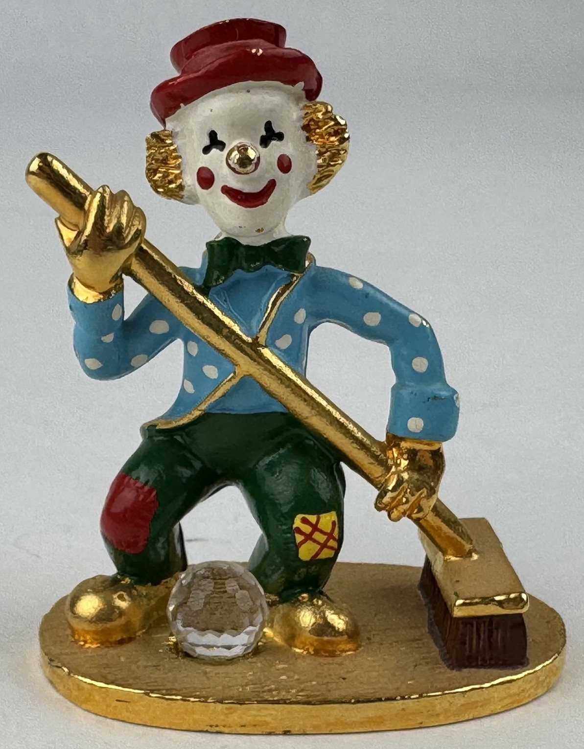 Vintage Spoontiques Pewter Miniature Gold Clown Sweeping Broom Swarovski Crystal