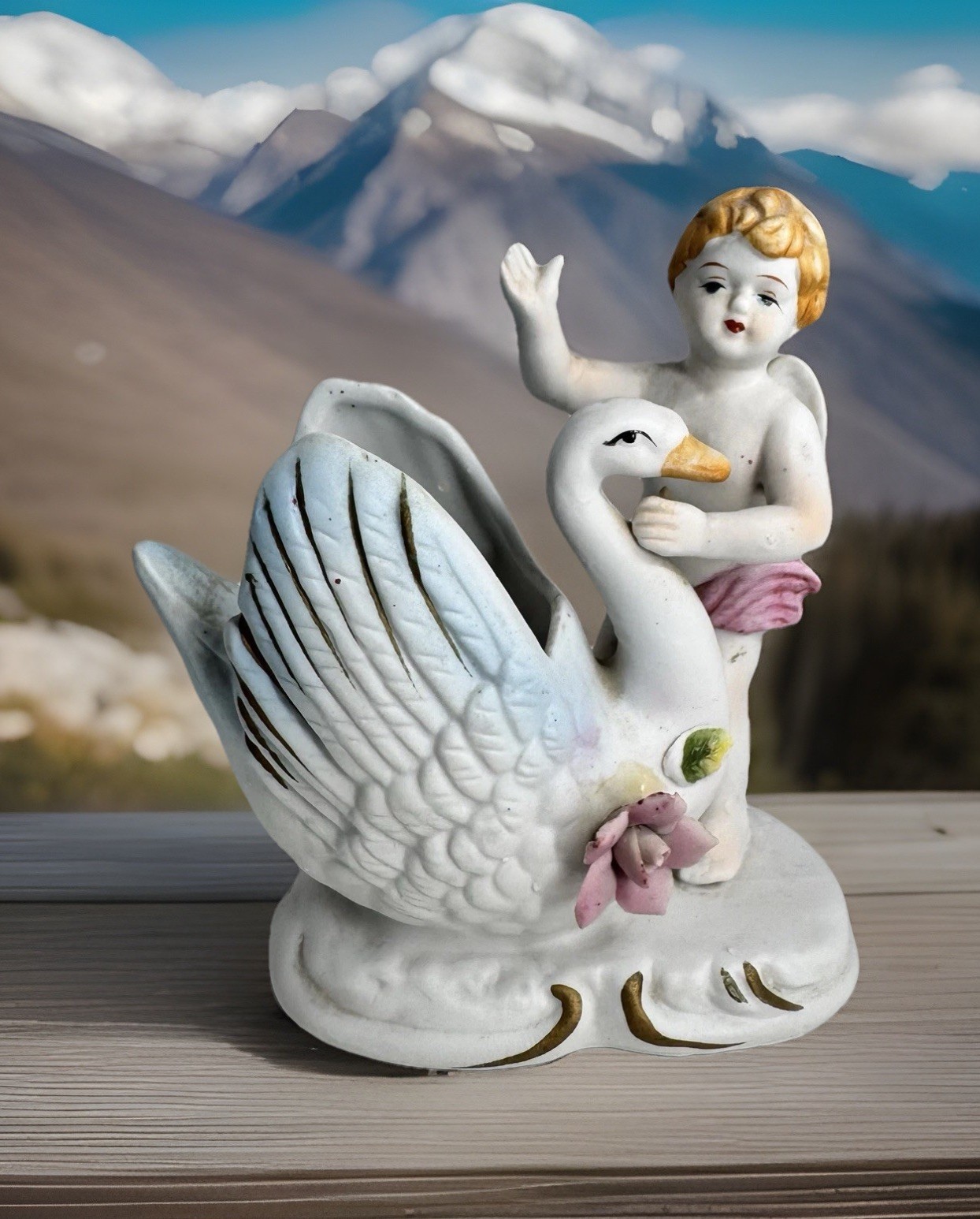 MCM VTG Cherub Angel Swan Porcelain Figurine Plant Trinket Dish Flaw SeePhoto#4