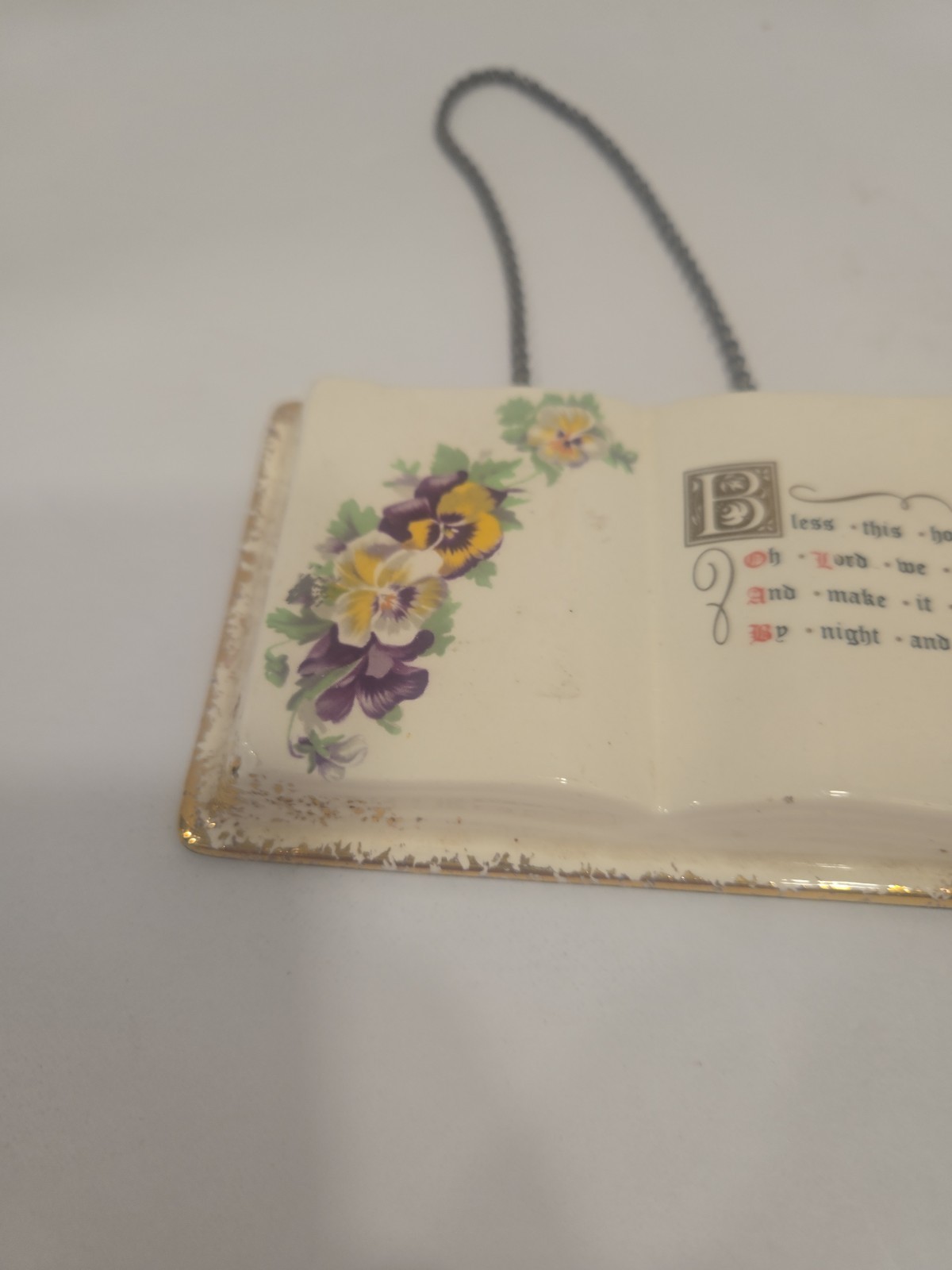 Vintage Ceramic Open Book BLESS THIS HOUSE Flowers Gold Trim Christian Religious