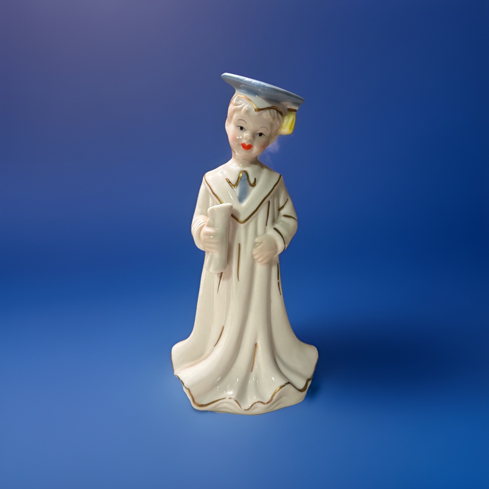 Vintage Ceramic Graduation Boy Figurine Blue Cap Diploma White Gown 6”