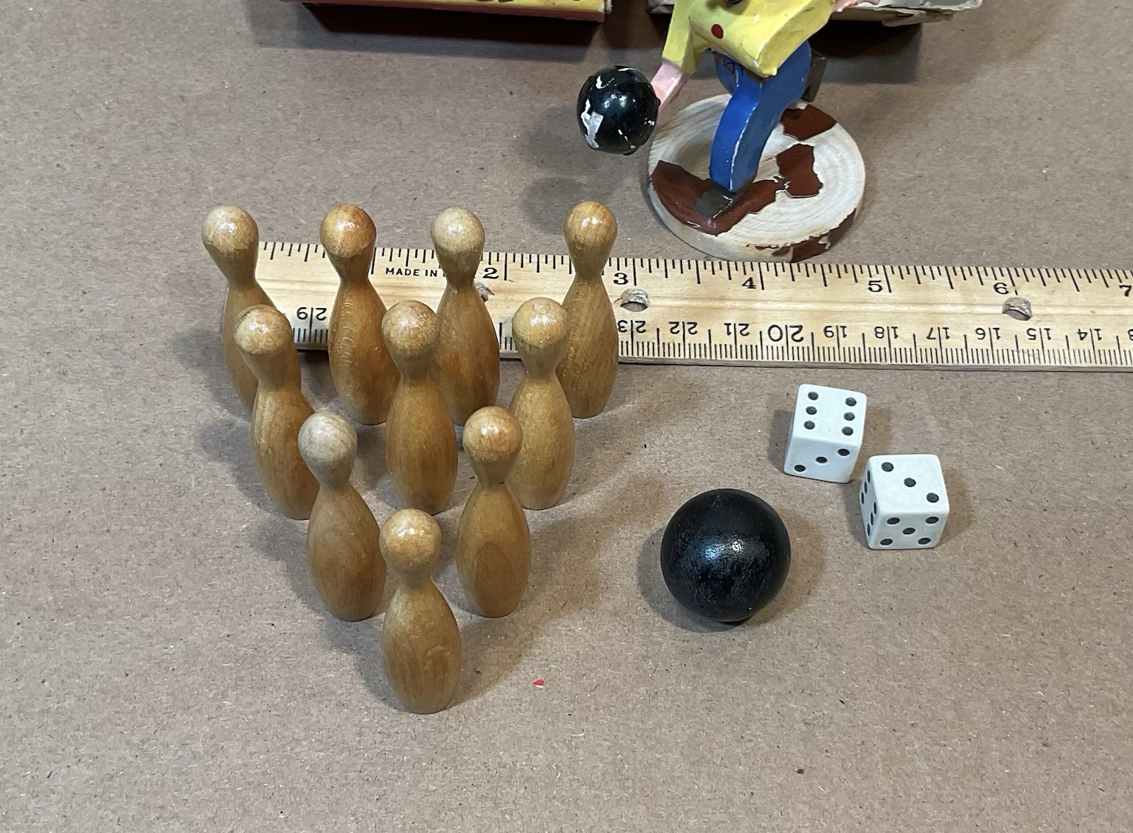 Vintage Hand Carved Wooden Sports Bobble Head Figure Bowling Ball And Pins Japan