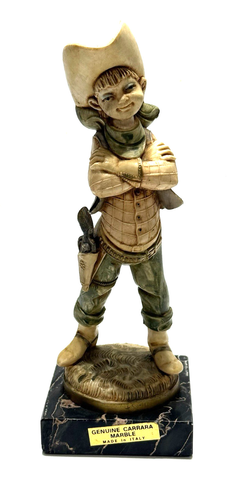 VINTAGE DEPOSE ITALY 501 COWBOY CHILD CARRARA MARBLE BASE 8″x3″x3″