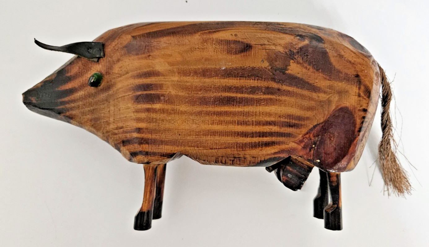 Hand Carved Wooden Bull Figurine Folk Art Green Eyes Metal Horns Rustic Decor 9″