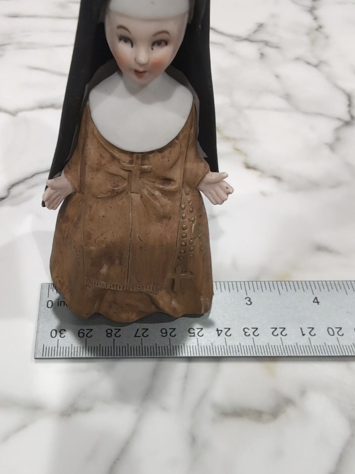 Vintage Figurine Lefton NUN Matte Brown Gold Cross Japan