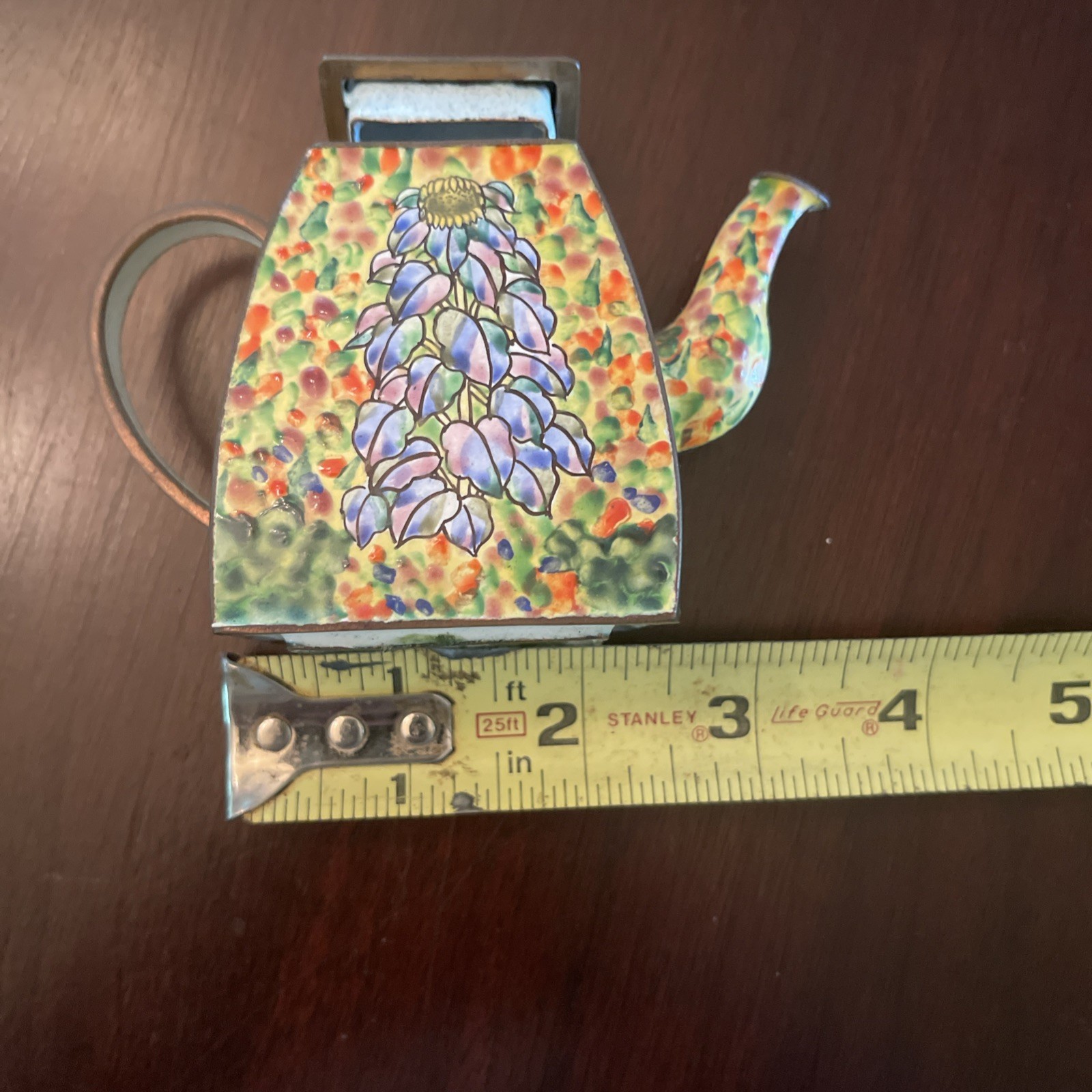 ? KELVIN CHEN Hand Painted Enamel On Copper Floral Miniature Teapot Figurine
