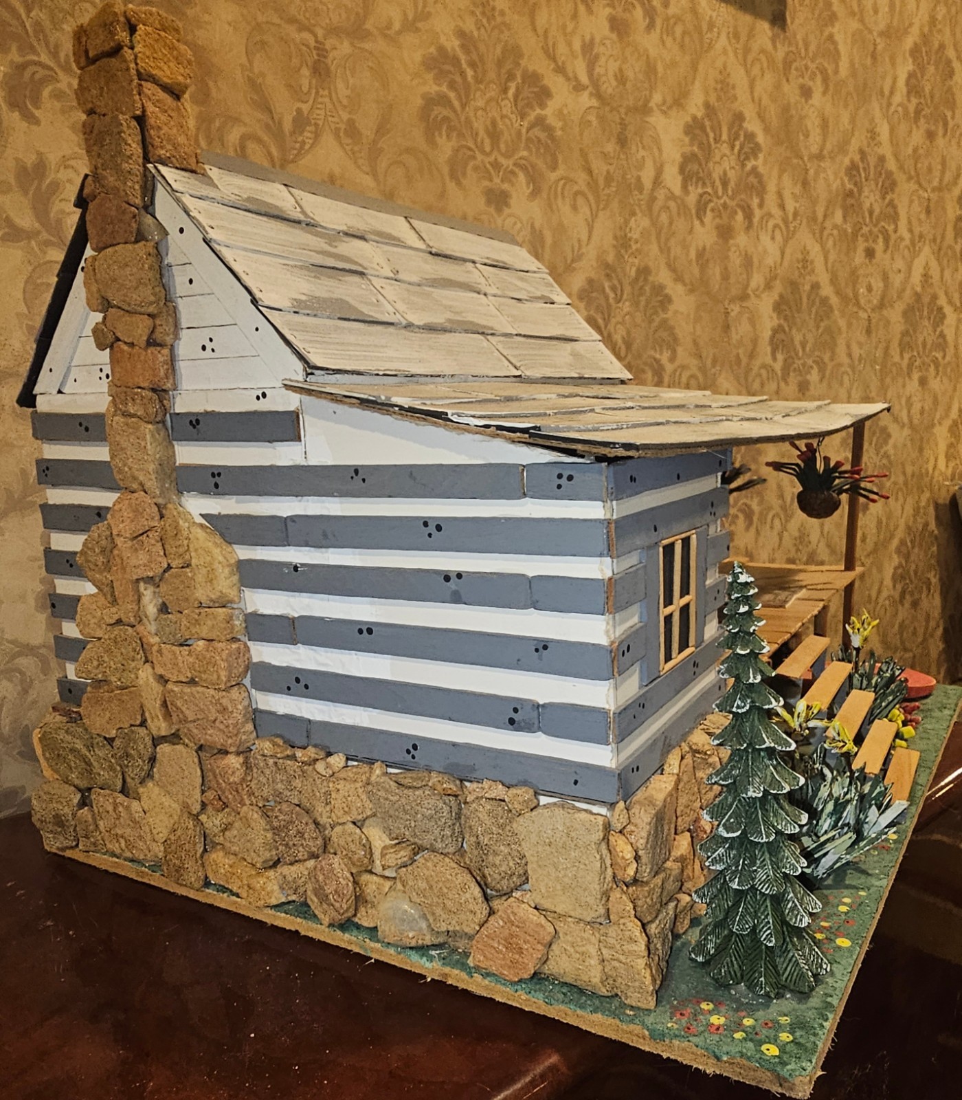 Folk Art Cabin & Covered Bridge