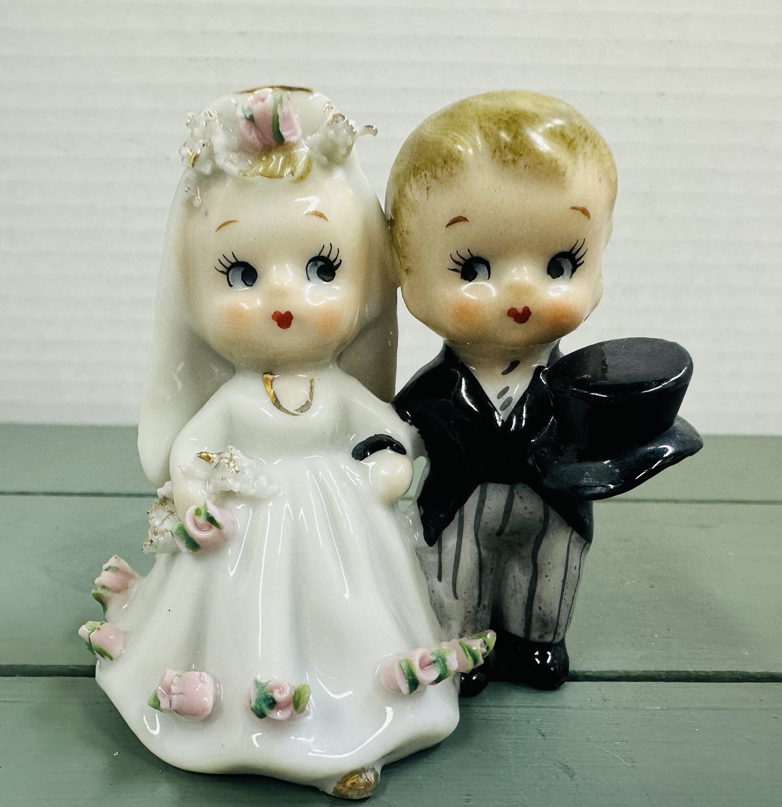Vintage 1950s Lefton Porcelain Bell Bride Groom Cake Topper Wedding Decor
