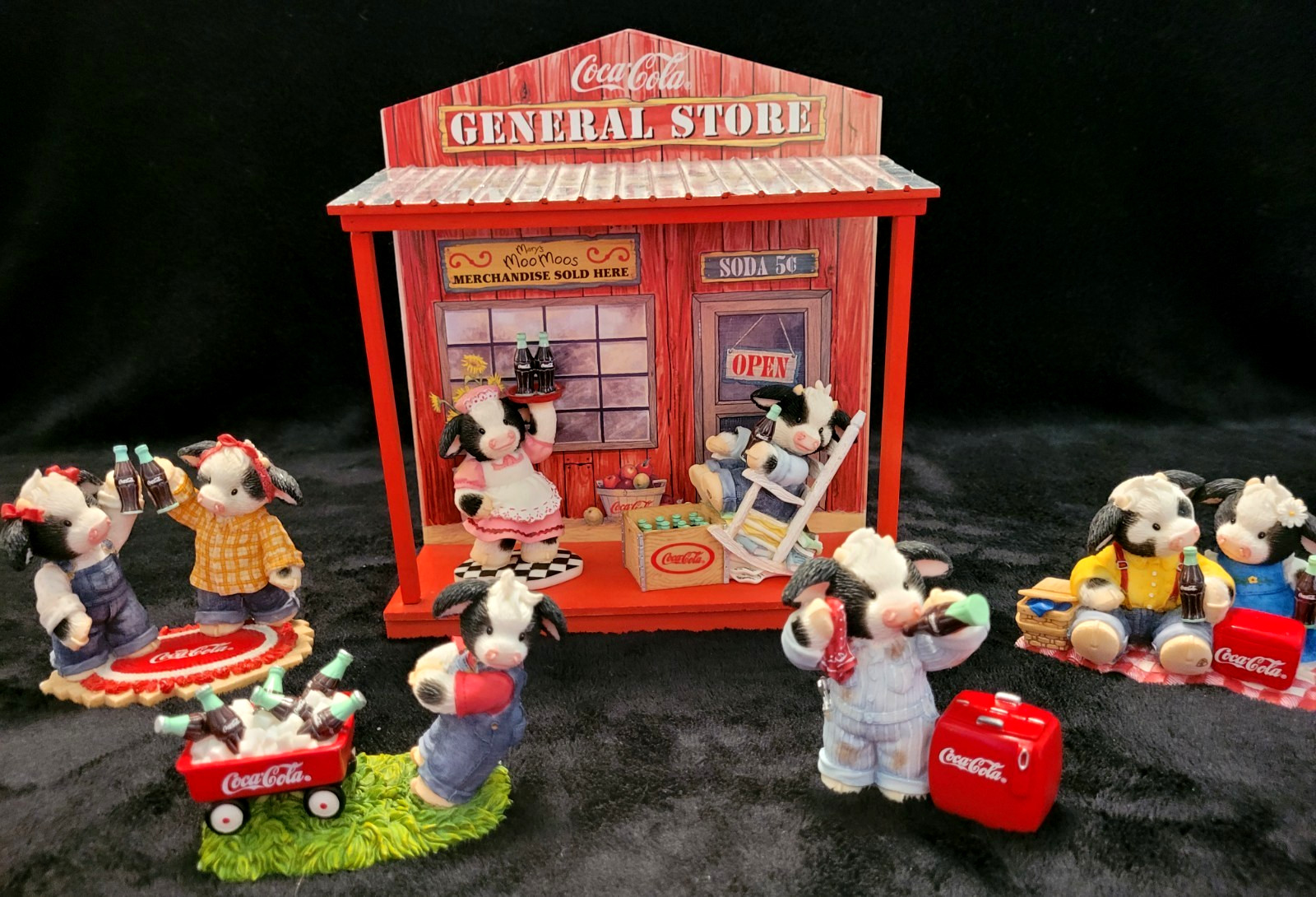 Vintage ENESCO Mary Moo Moos Coca Cola Collectables Bundle With Display Stand