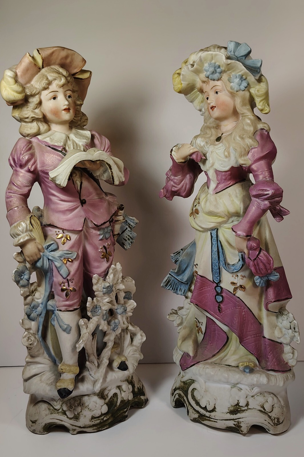 Pair Of Antique Bisque Figurines Romantic Courting Young Couple 12″ Tall (Read)