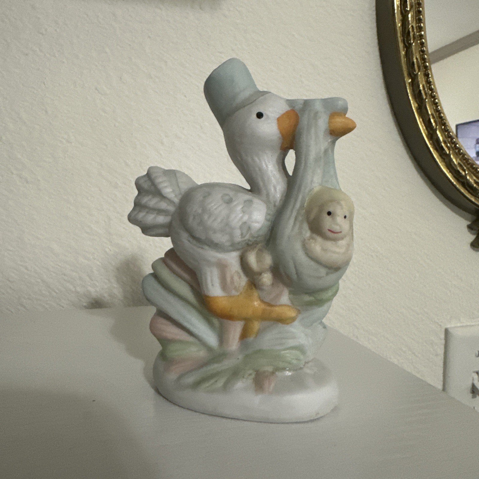 Vintage Porcelain Stork Carrying Boy Baby Blue Blanket Figure – 5.5”