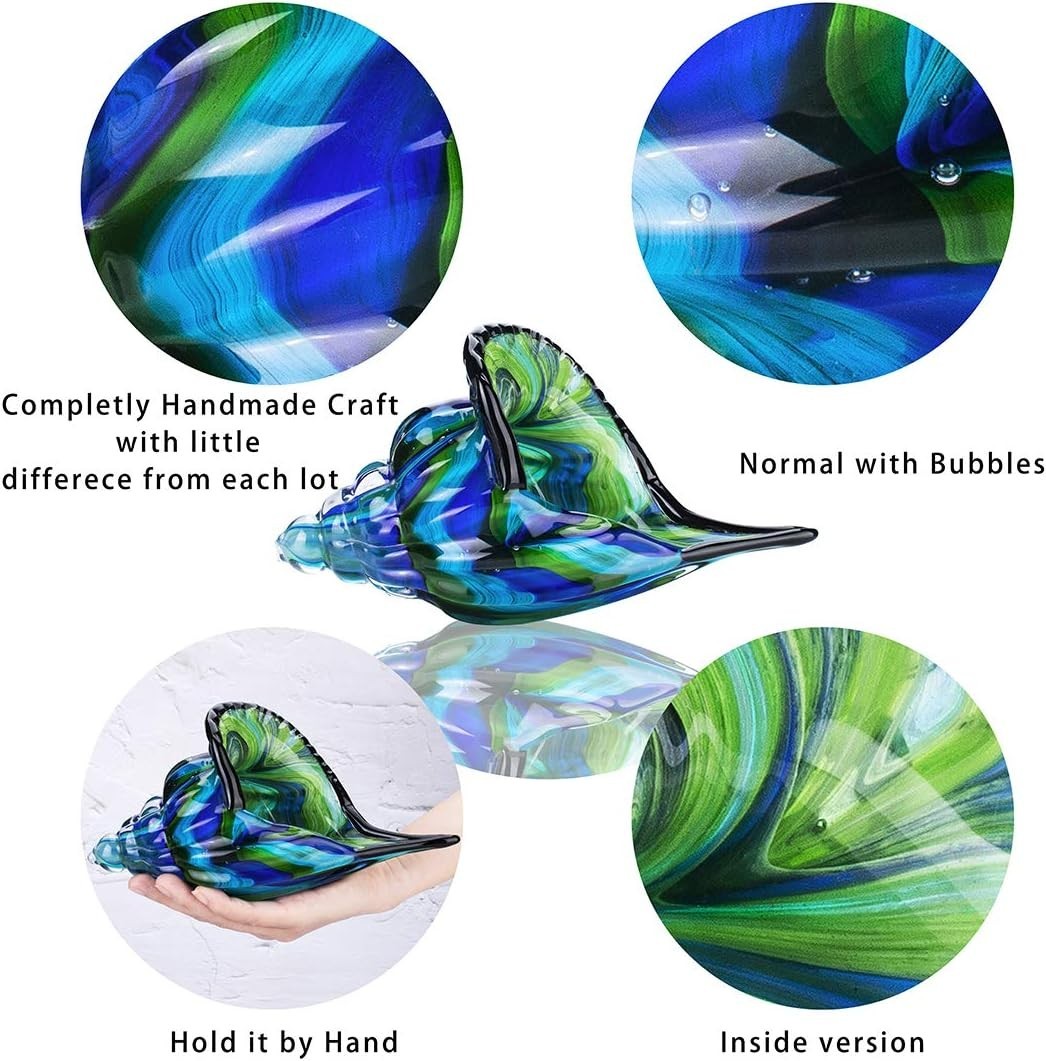 8 Inch Blue Glass Conch Shell Figurine Hand Blown Seashell Art Sculpture Home…