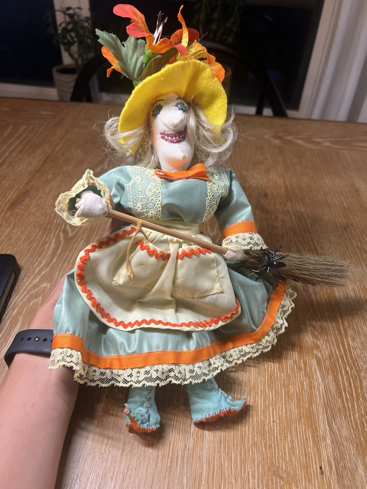 VTG Lucky Kitchen Witch Halloween Doll Figure Broom Hanging Folk Art Decor