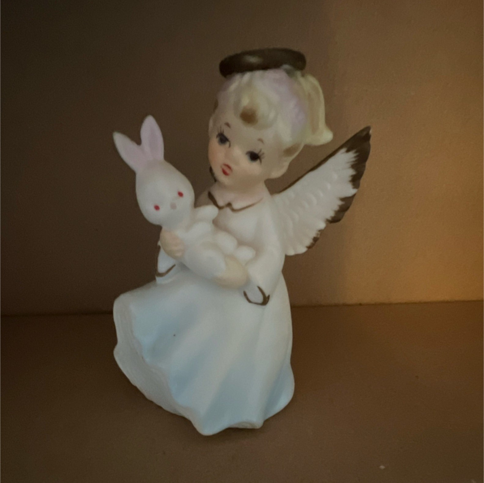 Lefton Porcelain Angel Figurine Holding Rabbit Hand Painted Matte Sculpture