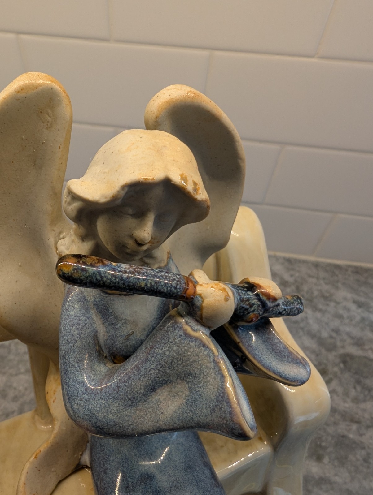 Stoneware Angel Playing Flute Shelf Sitter Blue Glazed Vintage