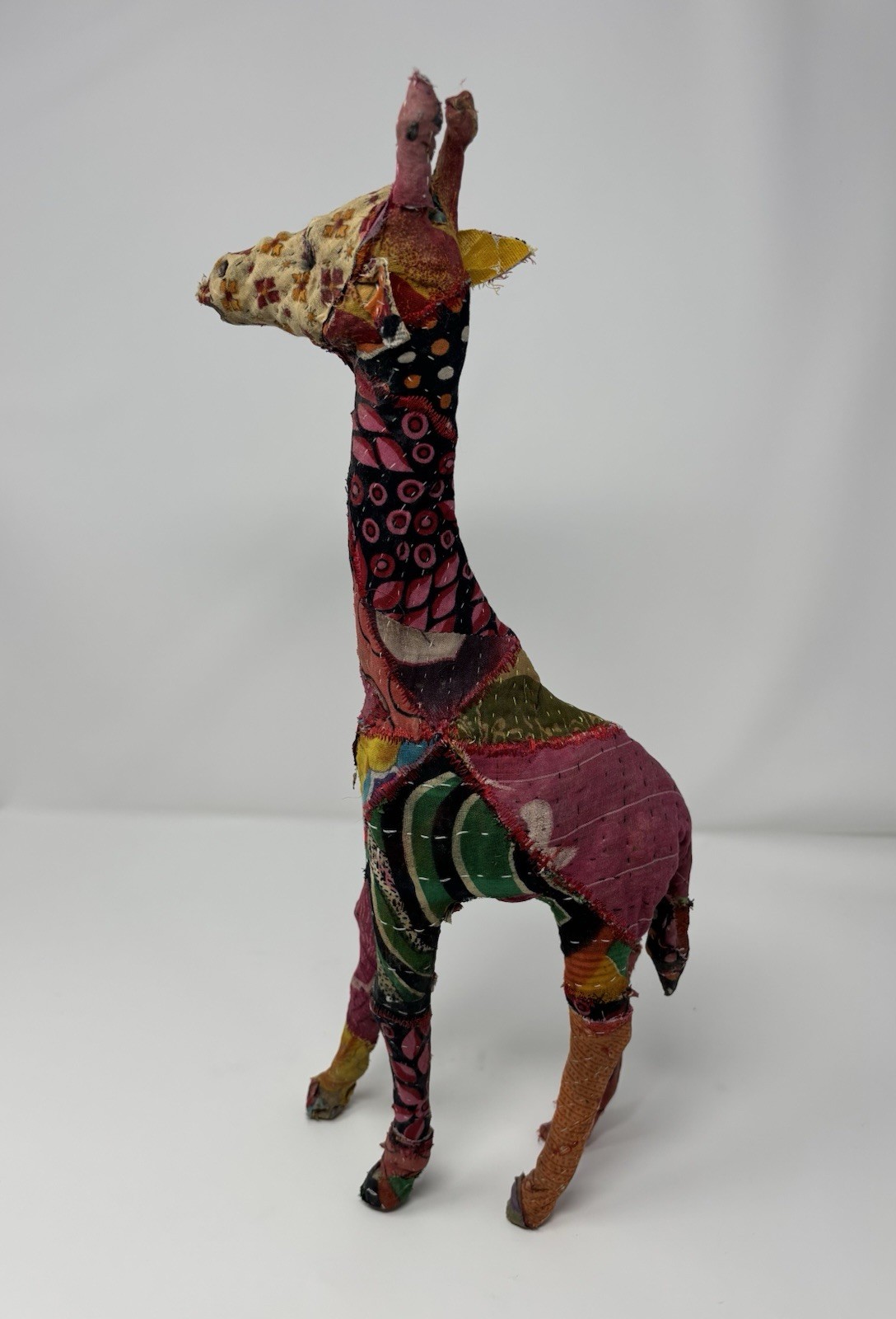 Vintage Giraffe Statue Patchwork Sari Fabric Mache Sculpture 18″ Decor