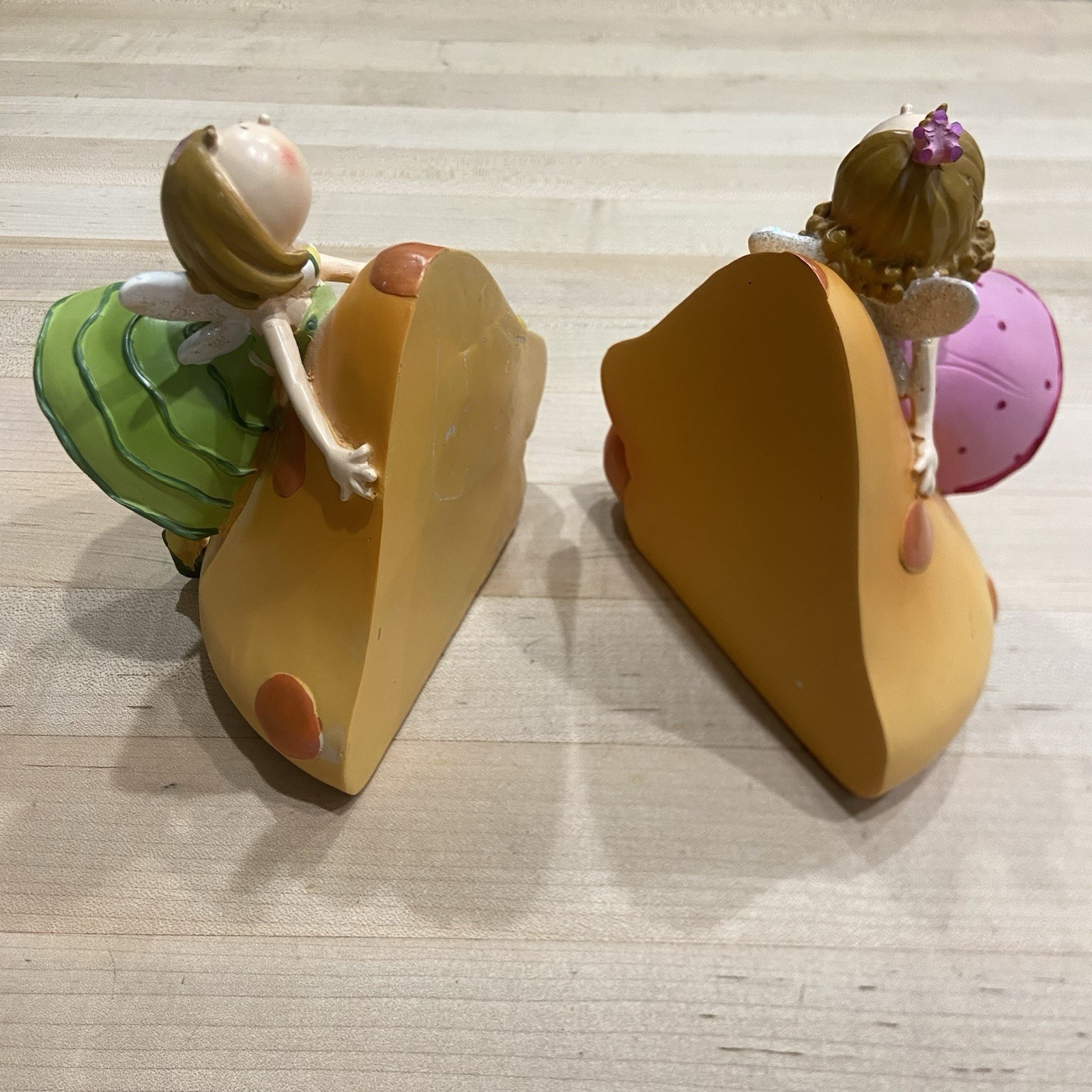 Set of 2 Fairy Figurine Mushroom Wedge Bookends Resin Painted 3D Polka Dot