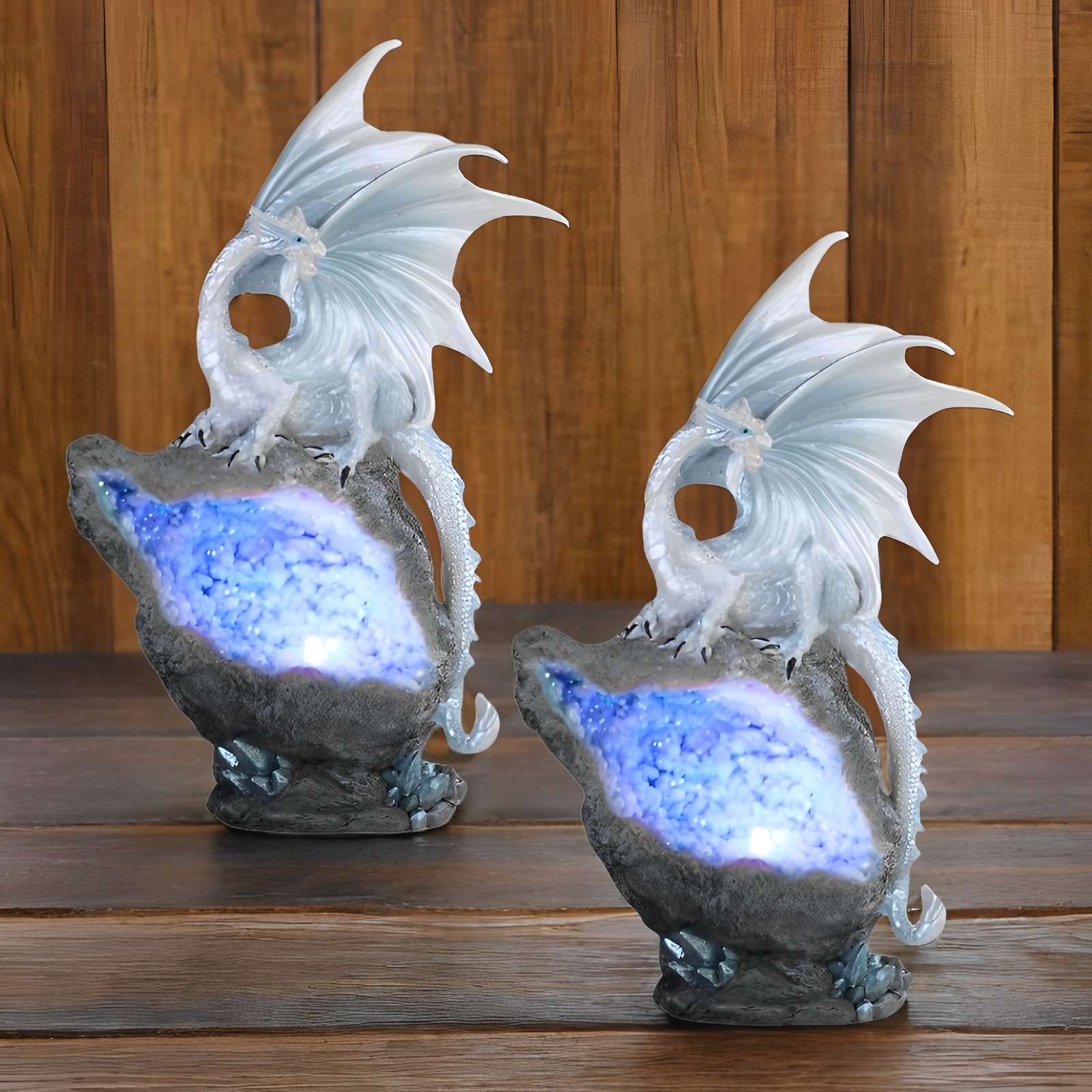 2-PC Gift Set 8.75″H Silvery Dragon with LED Blue Faux Crystal Stone Figurine