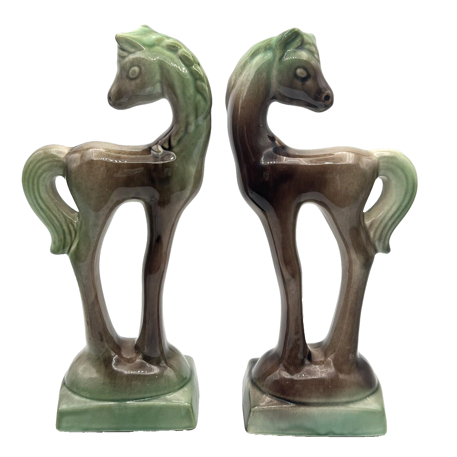 Vintage Green & Brown Ceramic Horse Statues Pair Of 2 Figurines MCM 11 3/4″