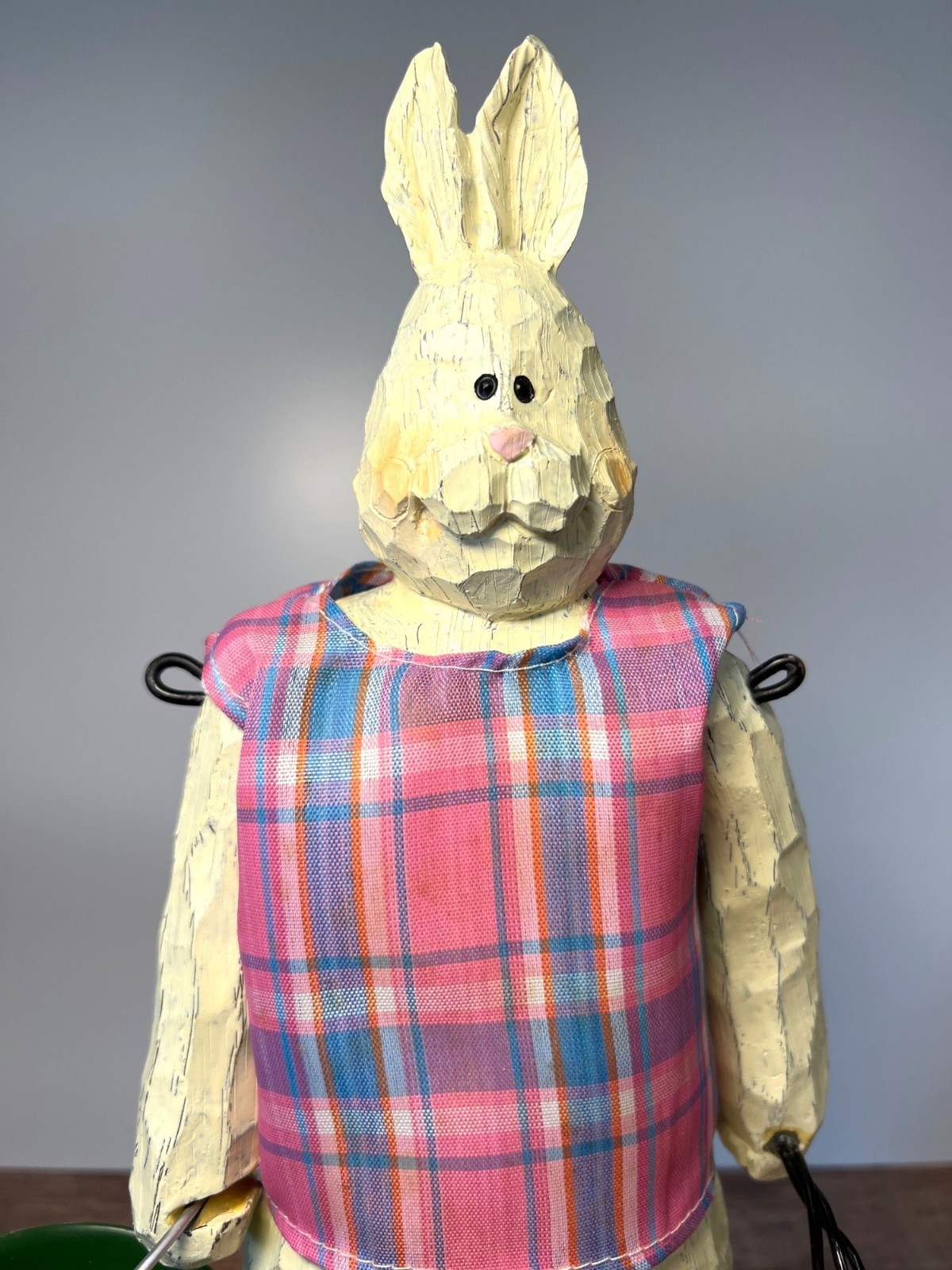 Hand-Carved Wooden Bunny Figurine With Plaid Apron & Green Metal Bucket Decor
