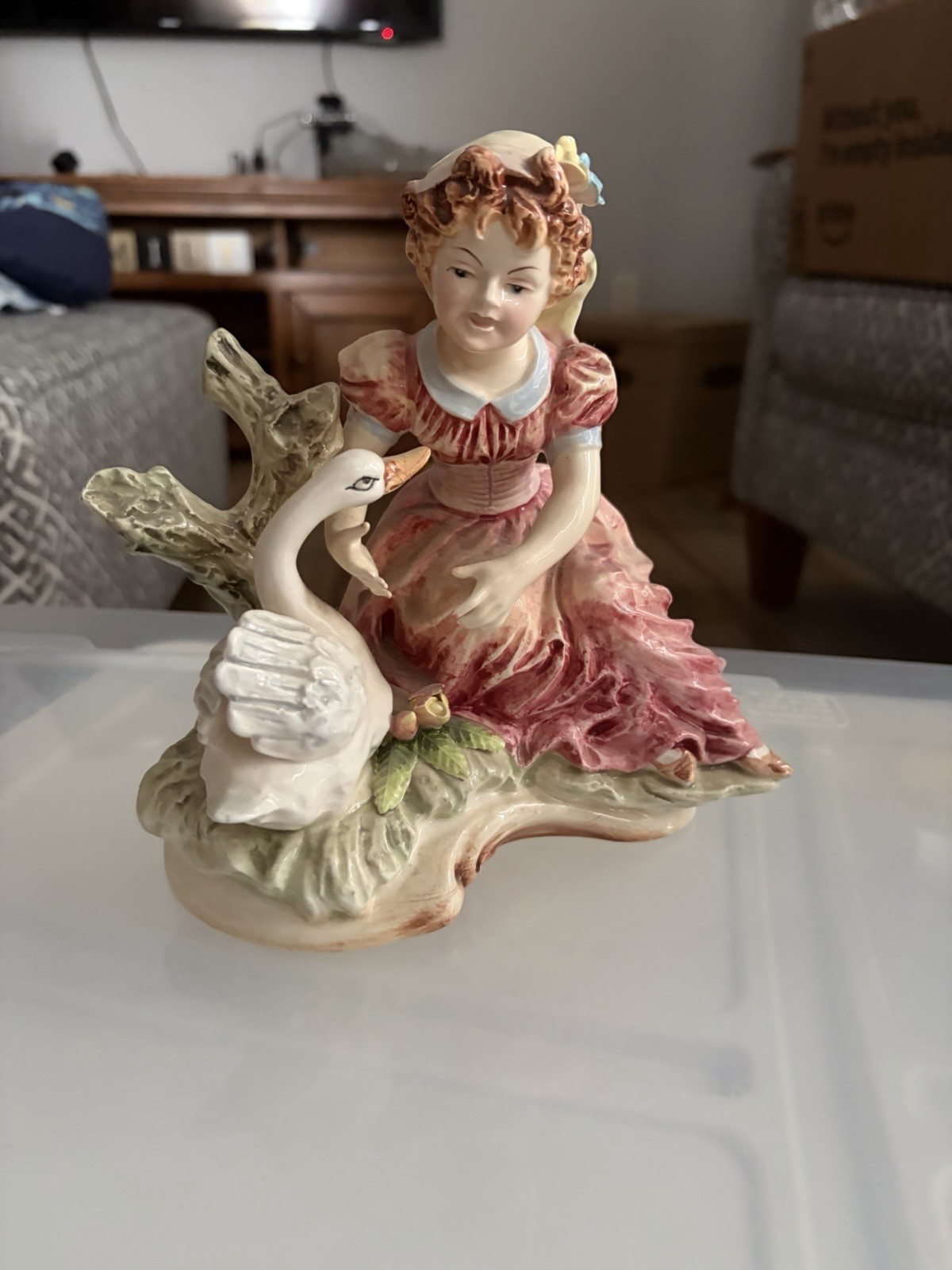 Hand Painted Porcelain Figurine Multicolor Girl Sitting with Duck, antique