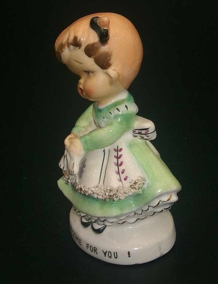 Vintage Ucagco Girl Green Dress “Lonsome for You” Valentine Figurine Japan RARE