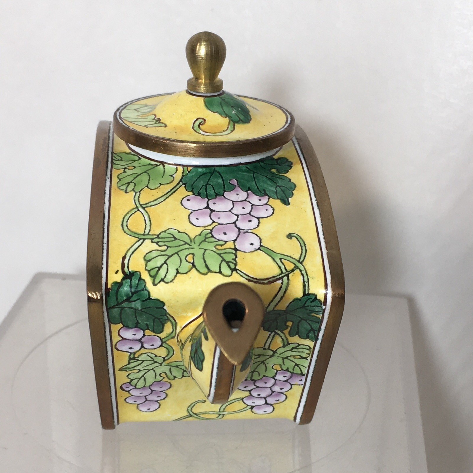 Vintage Kelvin Chen Handpainted Copper Enamel Teapot Hummingbird Grapes