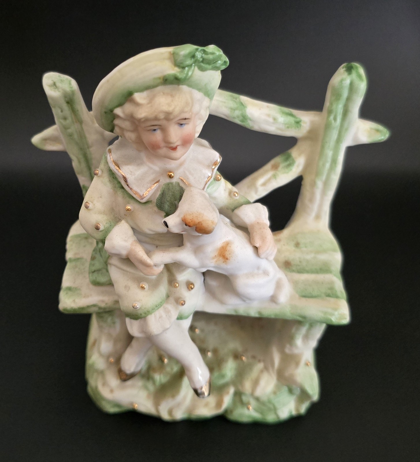 Victorian Figurine Small Child & Terrier Cross Legged on Outdoor Rustic Seat