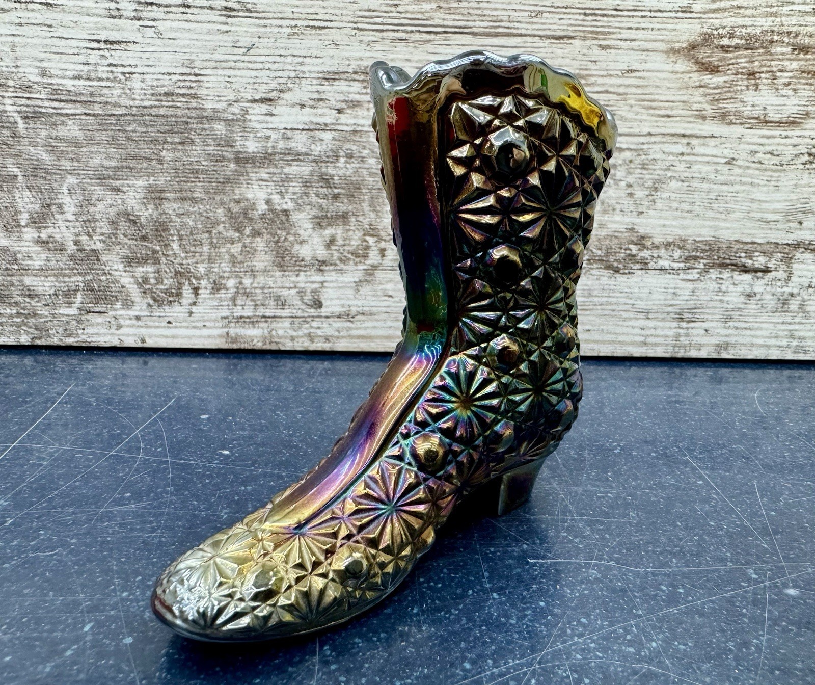 Fenton Art Glass Iridescent Carnival Glass Daisy & Button Boot