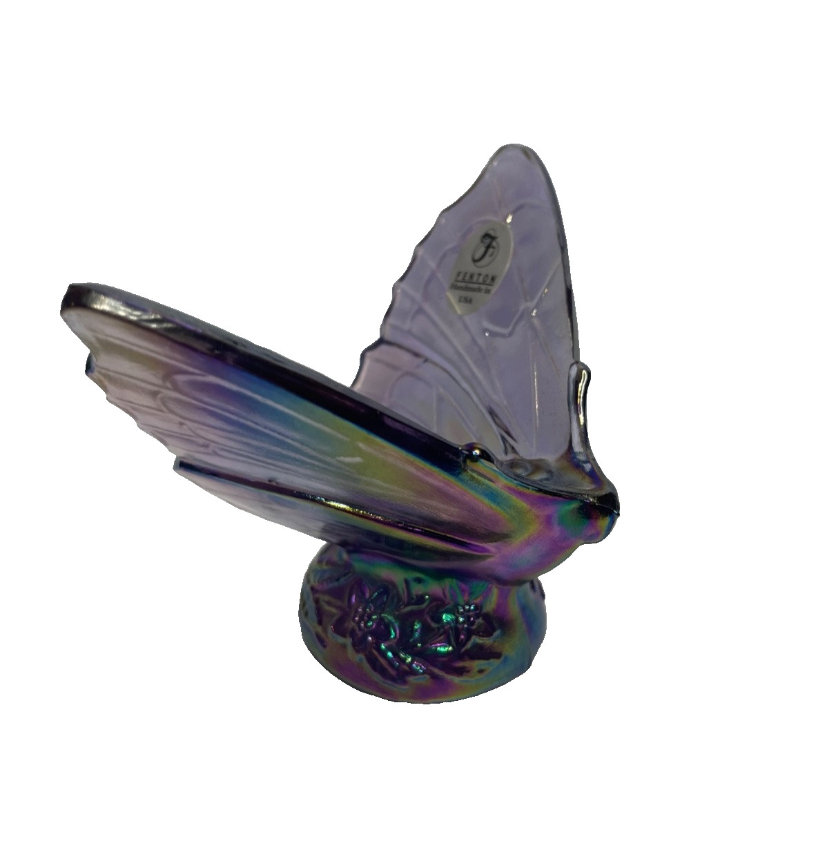 vtg Fenton Glass purple Iridescent Butterfly Moth Figurine On Floral Base USA