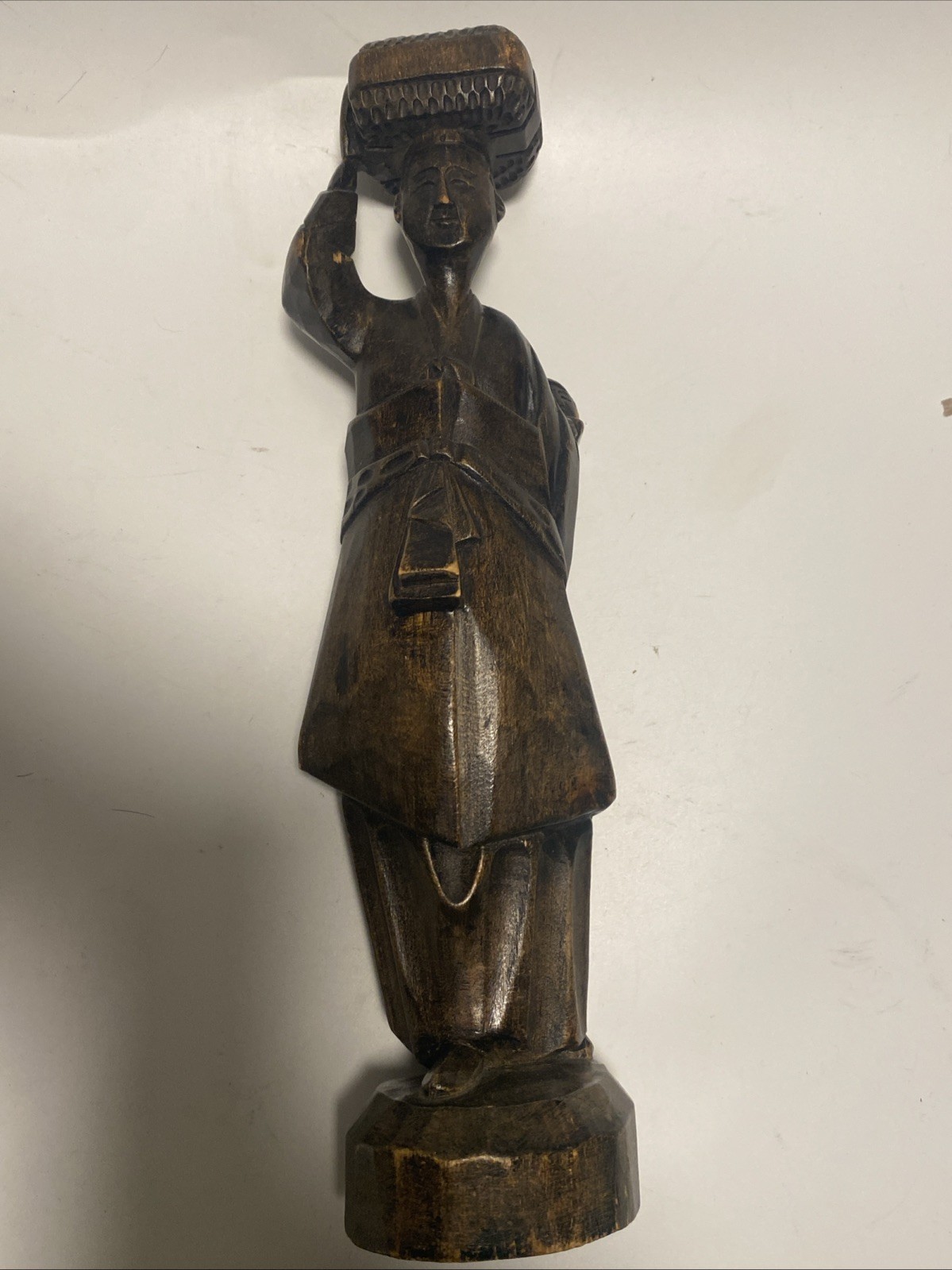Hand Carved Wooden Statue Figurine Basket on Head 12″ Woman with Baby on Back